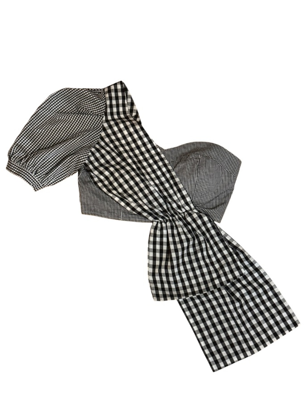 La’ Ros Black and White Gingham One-Shoulder Asymmetrical Draped Puff Sleeve Top - Picture 3 of 15